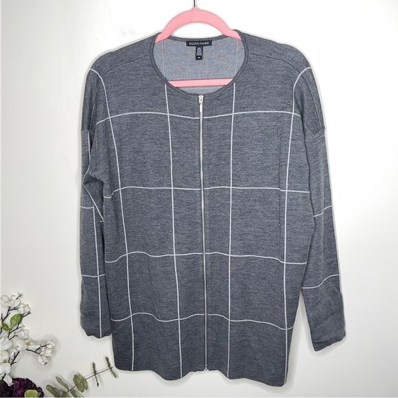 EILEEN FISHER Windowpane Extra Fine Merino Wool Cardigan Sweater Gray {A48} - Picture 3 of 6